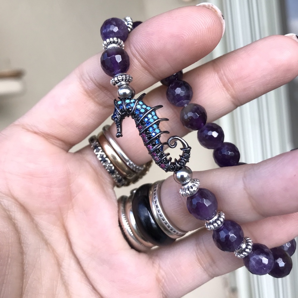 Genuine faceted amethyst & cz seahorse bracelet - Picture 4 of 8